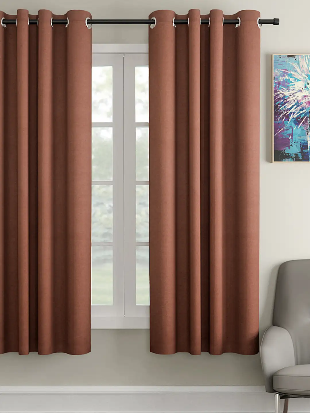 Soumya Brown Color 100 Percent Cotton Solid Eyelet 1 Pc Window Curtain